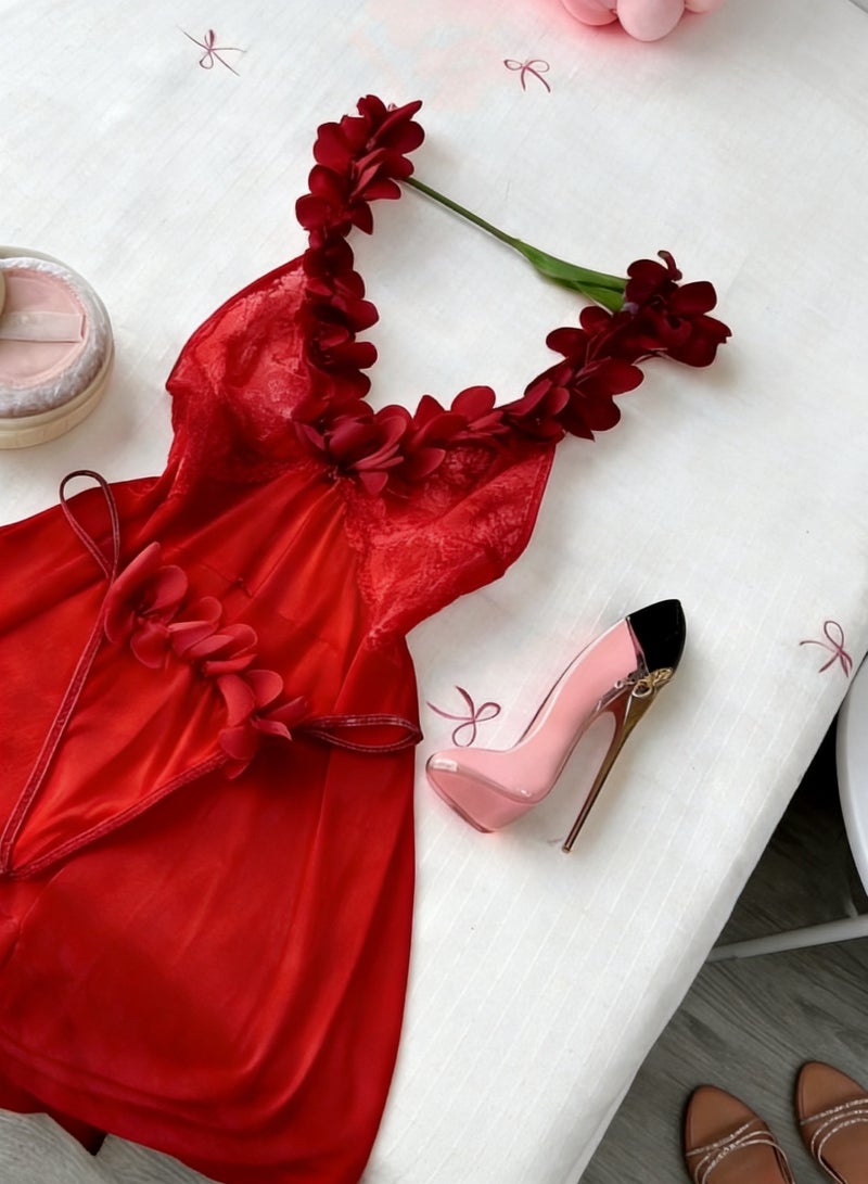Sellcy Elegant Floral-Trimmed Set  red color - Image 3